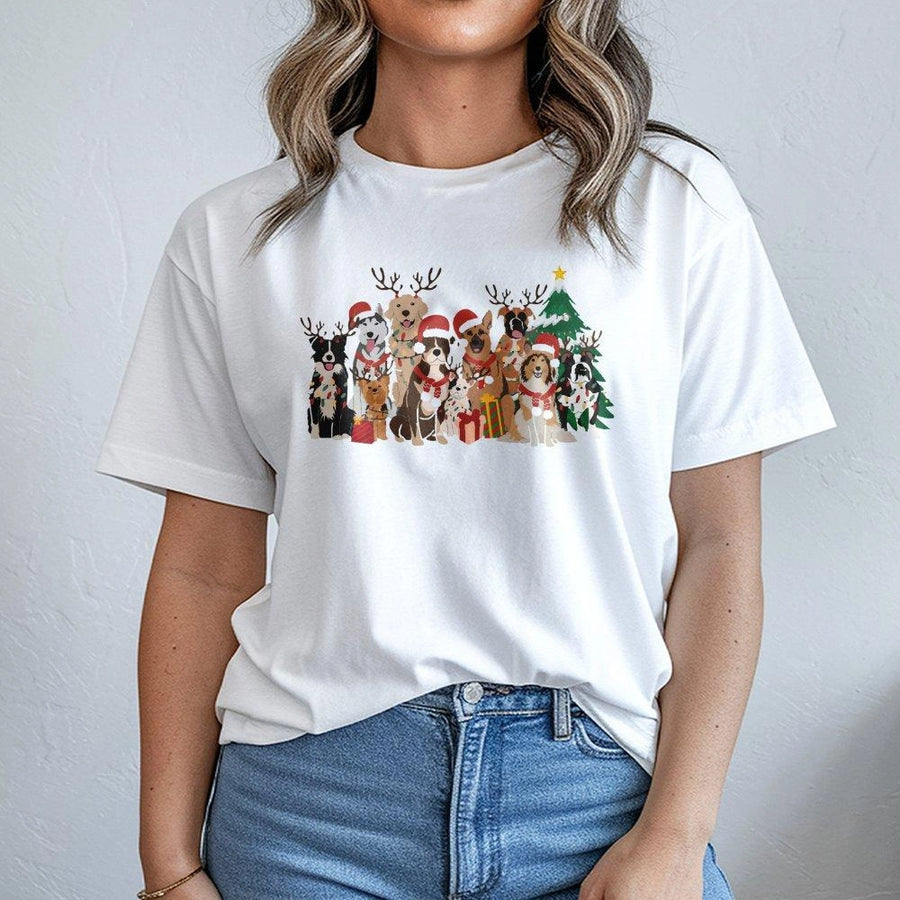 Christmas Dogs Graphic T-Shirt | Festive Holiday Puppy Design | 100% Soft Cotton Premium Tee | Dog Lover Gift For Men And Women