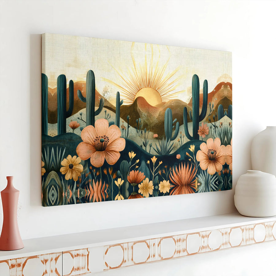 Bohemian Desert Landscape Canvas | Boho Sun and Cacti Wall Art | Premium 1.25-Inch Gallery Wrap | Southwestern Home Decor Gift