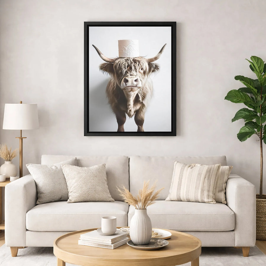 Highland Cow Wall Art | Funny Toilet Paper Head Canvas Print | Premium Gallery Wrap Decor | Farmhouse Bathroom Wall Decor for Home