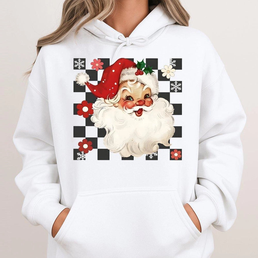 Retro Santa Hoodie | Checkered Christmas Graphic Print | Soft Cotton-Poly Blend | Cozy Holiday Gift for Women and Men