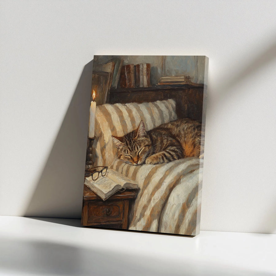 Sleeping Tabby Cat Canvas Art | Cozy Bookstore Aesthetic | Premium Gallery Wrap Wall Decor | Book Lover Gift Idea for Library or Bedroom