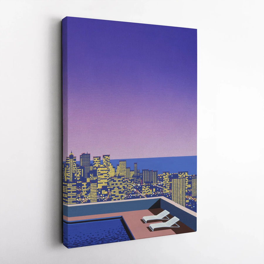 Cityscape Rooftop Pool Canvas Art | Pixel Art Sunset Skyline Decor | Premium Gallery Wrap Print | Modern Home & Office Wall Decor