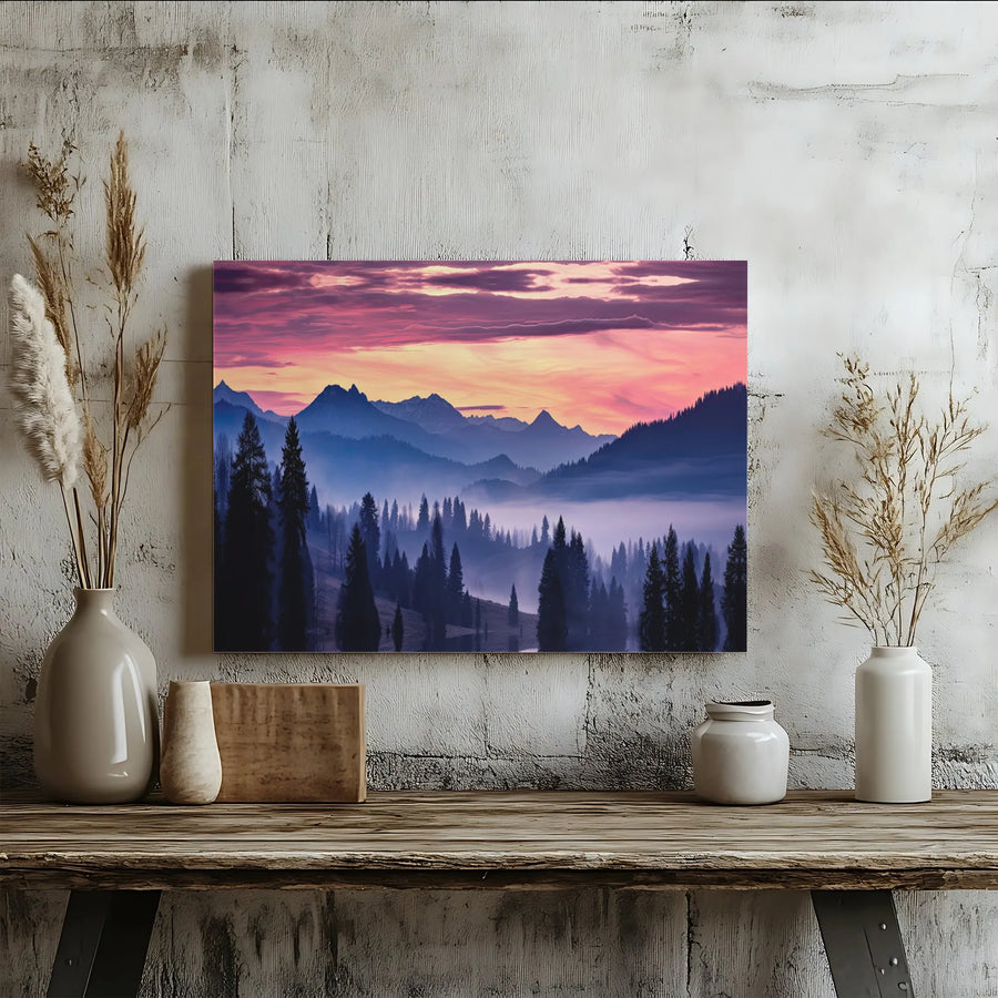 Mountain Landscape Canvas Print | Misty Pine Forest Sunrise Art | Premium Gallery Wrapped Canvas | Nature Lover Home Decor Gift
