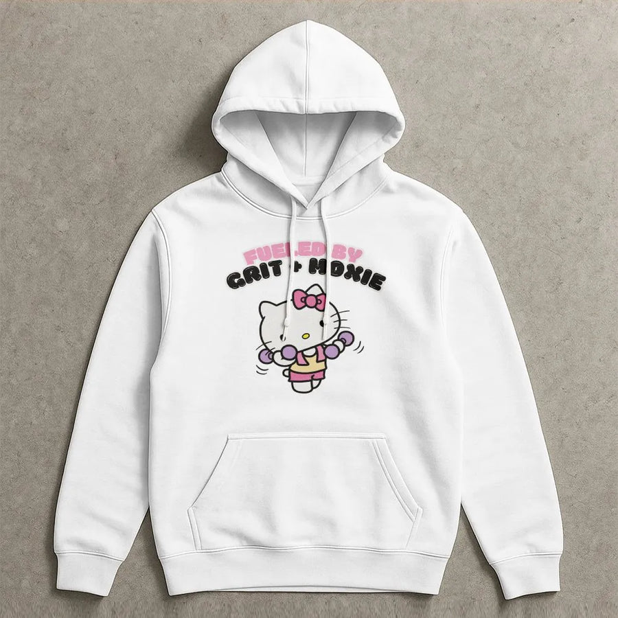 Cute Cat Workout Hoodie | Fueled by Grit + Moxie Graphic | Premium Unisex Crewneck | Gift for Gym Lover