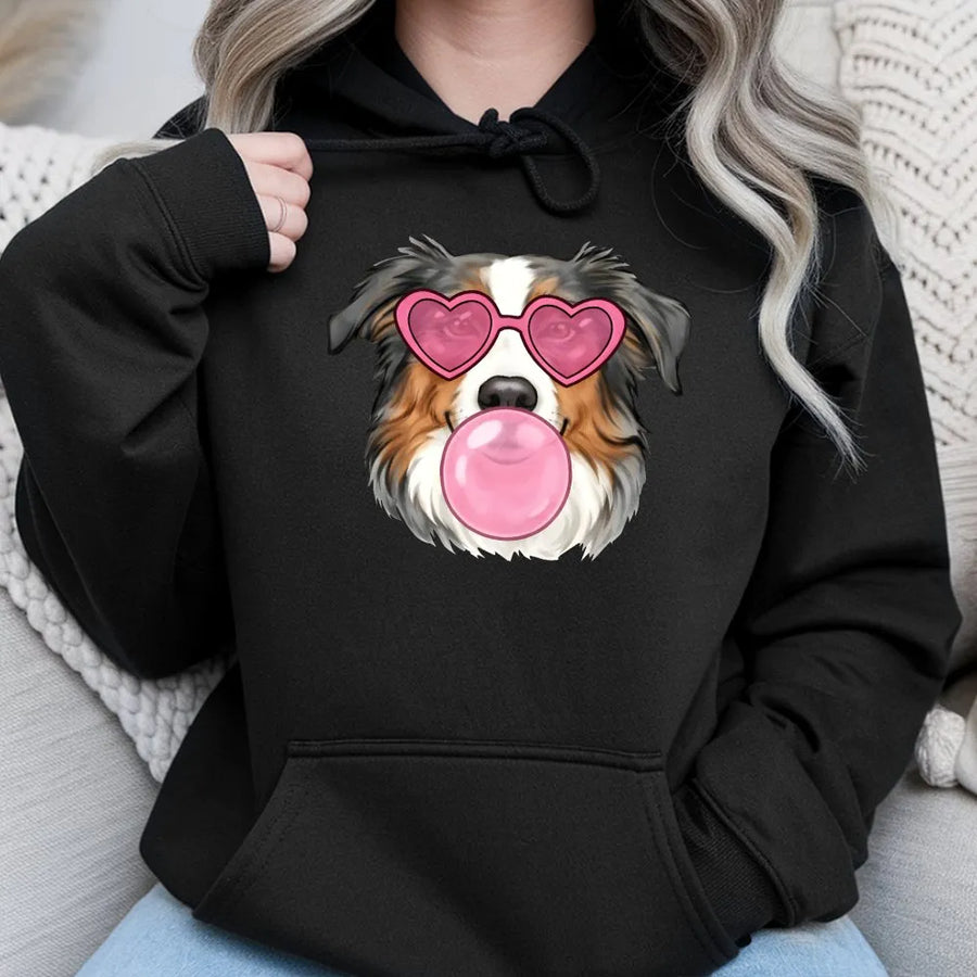 Australian Shepherd Hoodie | Heart Glasses Bubblegum Dog Art | Premium Cotton-Blend Sweatshirt | Cute Valentine's Gift for Dog Lovers
