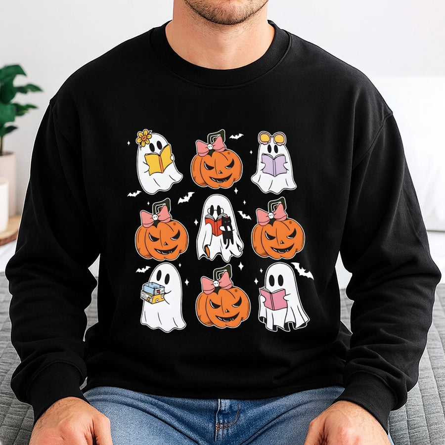 Cute Ghost Reading Book Sweatshirt | Spooky Pumpkin Halloween Aesthetic | Soft Cotton Blend Unisex Pullover | Fall Season Gift For Readers