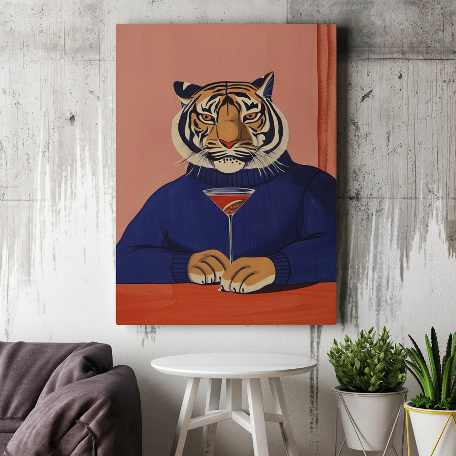 Tiger in Sweater Canvas Print | Anthropomorphic Animal Art with Martini | Premium Thick Gallery Canvas | Unique Bar Cart Wall Decor Gift