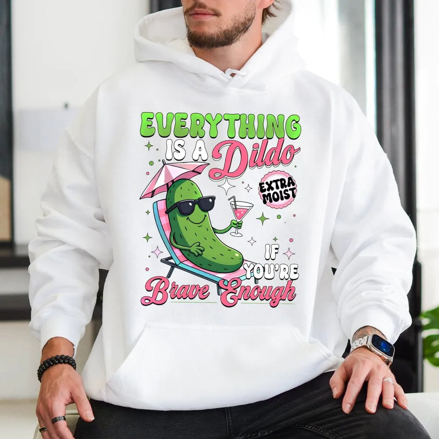 Funny Pickle Hoodie | 'Brave Enough' Meme Quote Graphic | Soft Cotton Blend | Adult Humor Gag Gift for Bachelorette Party