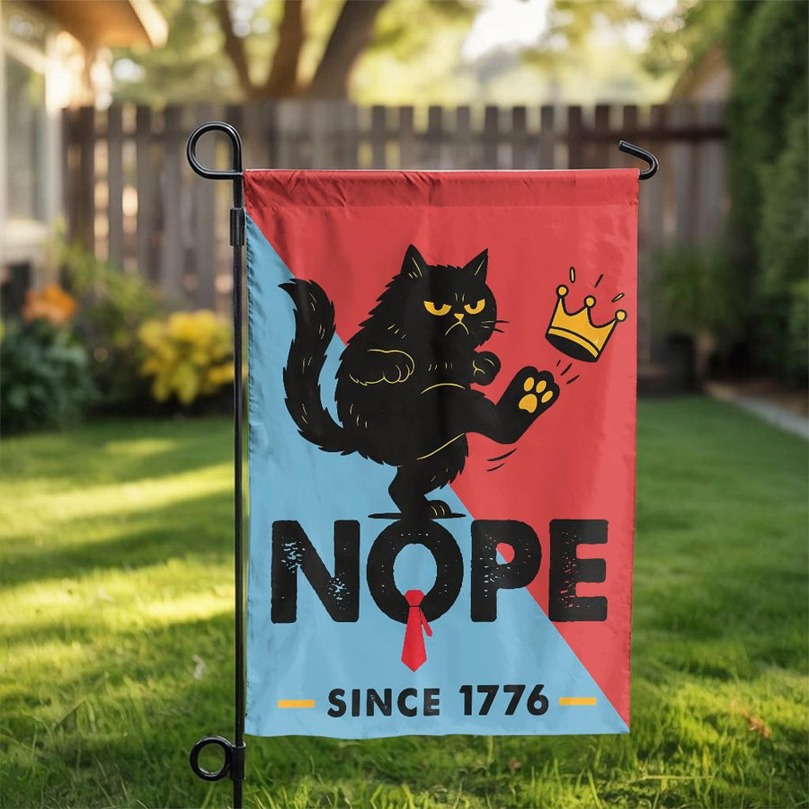Nope Since 1776 Garden Flag | Funny Grumpy Cat Kicking Crown Design | Premium Weather-Resistant Polyester | Patriotic Humor Outdoor Yard Decor Gift