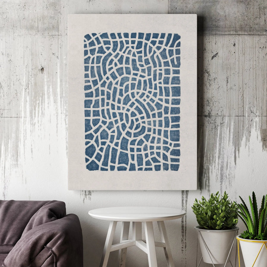 Abstract Blue Geometric Canvas Wall Art | Textured Curved Grid Pattern | Premium Gallery-Wrapped Print | Modern Minimalist Home Decor Gift