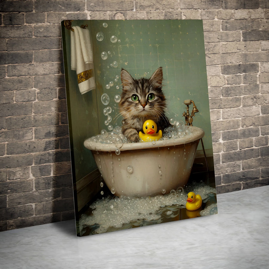 Cute Cat in Bathtub Vertical Canvas | Whimsical Bathroom Art with Rubber Duck | Premium Canvas Print | Gift for Cat Lover & Kids Room Decor