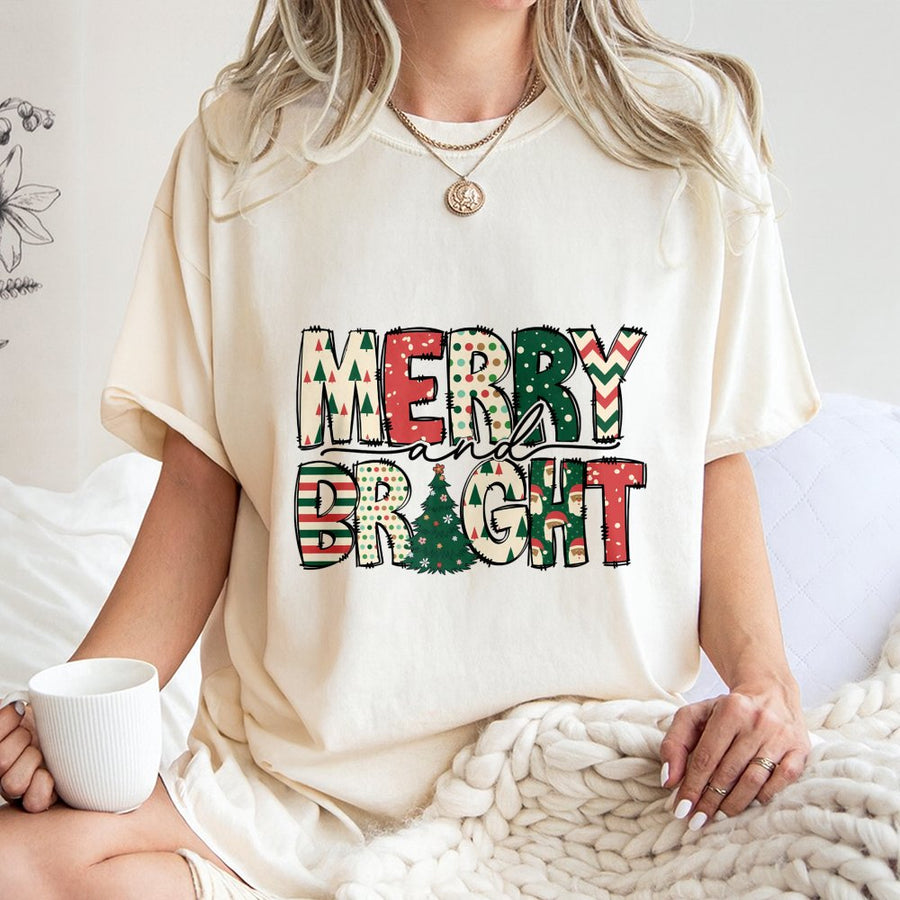 Merry and Bright Christmas T-Shirt | Retro Festive Graphic Holiday Tee | Premium 100% Cotton | Comfortable Unisex Gift for Xmas Lovers
