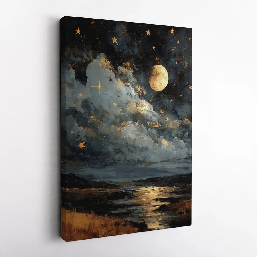 Golden Moon Night Landscape Canvas | Starry Sky Celestial Wall Art | Premium Fade-Resistant Gallery Print | Atmospheric Home & Office Decor Gift