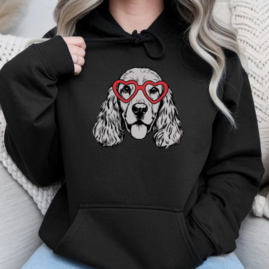 Cocker Spaniel Hoodie | Heart Glasses Puppy Graphic | Premium Cotton Blend | Dog Mom Valentine Gift Idea