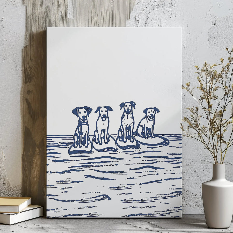 Dog Surfing Canvas Wall Art | Four Dogs On Surfboards Illustration | Premium Gallery Wrapped Print | Coastal Beach House Decor Gift