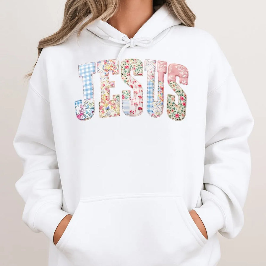 Jesus Hoodie | Floral Gingham Patchwork Letters | Premium Soft Cotton | Christian Faith Gift for Women