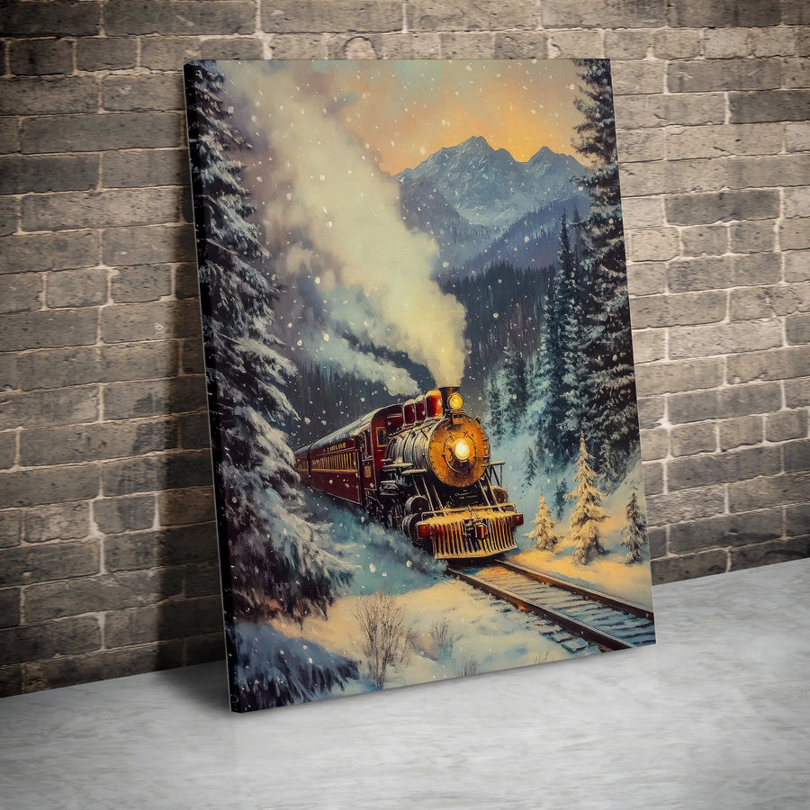 Steam Train Wall Art | Snowy Mountain Winter Landscape Print | 1.25 Inch Premium Gallery Canvas | Holiday Home Decor Gift