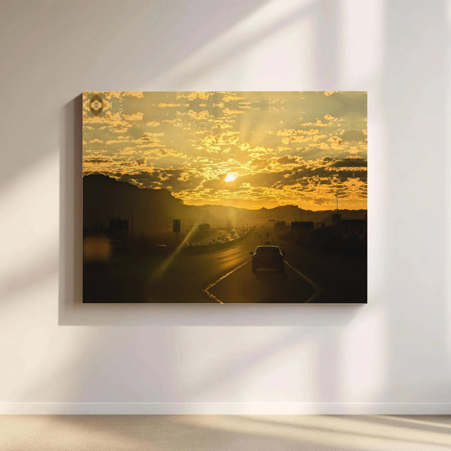 Golden Sunset Highway Canvas Print | Mountain Silhouette Road Trip Landscape | Premium Gallery Wrap Wall Art | Modern Home Decor Office Gift
