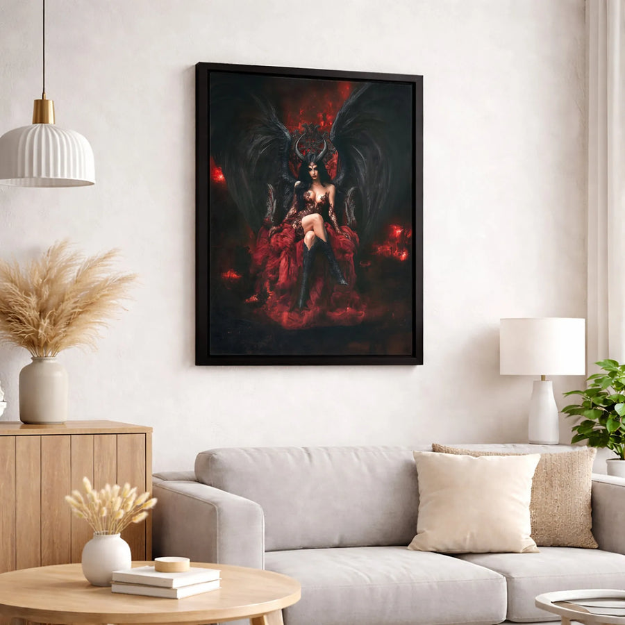Gothic Demon Queen Canvas Wall Art | Dark Fantasy Winged Goddess on Throne | Premium 1.25" Gallery Wrap | Edgy Home Decor Gift for Fantasy Fans