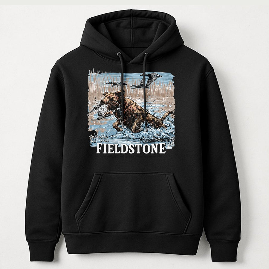 Fieldstone Hunting Dog Hoodie | Waterfowl Duck Retrieval Graphic | Premium Cotton Blend | Gift For Outdoorsman And Duck Hunter