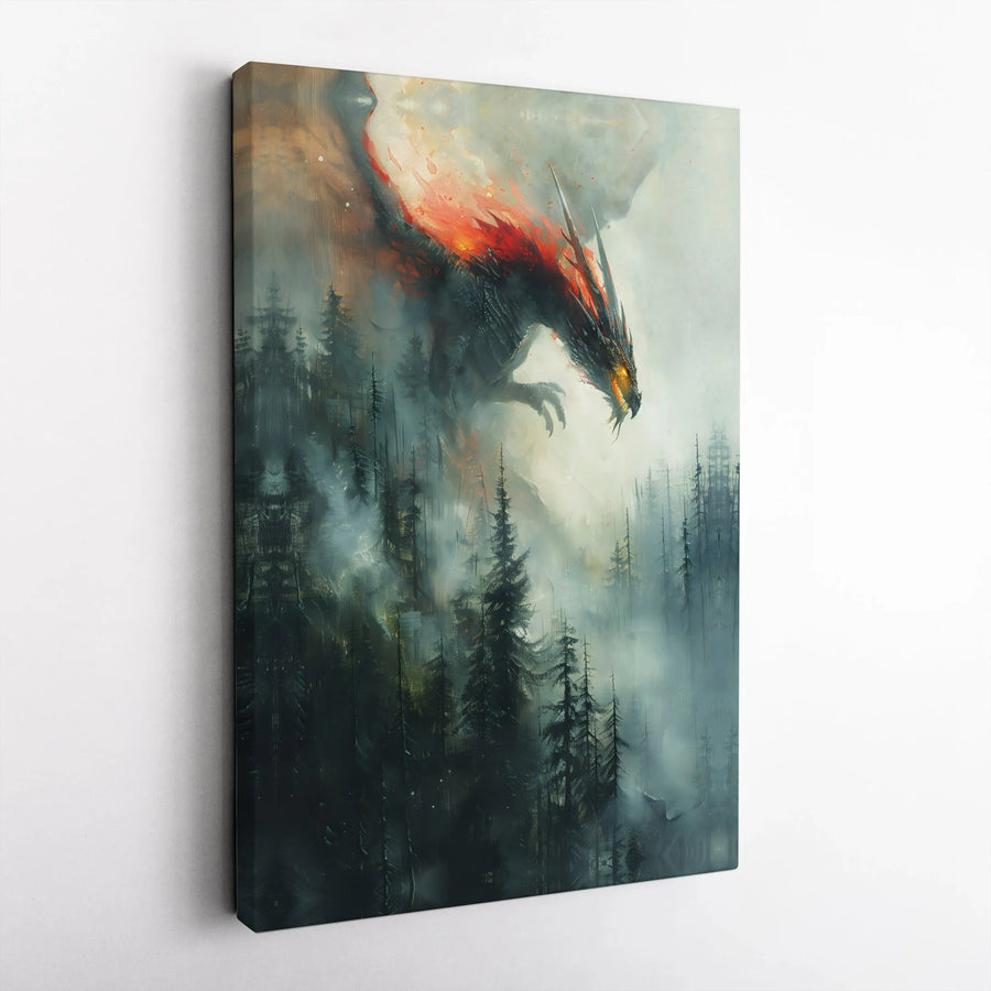 Fiery Dragon Wall Art | Misty Forest Fantasy Landscape | Premium 1.25-Inch Gallery Canvas | Epic Mythical Creature Decor for Home or Office