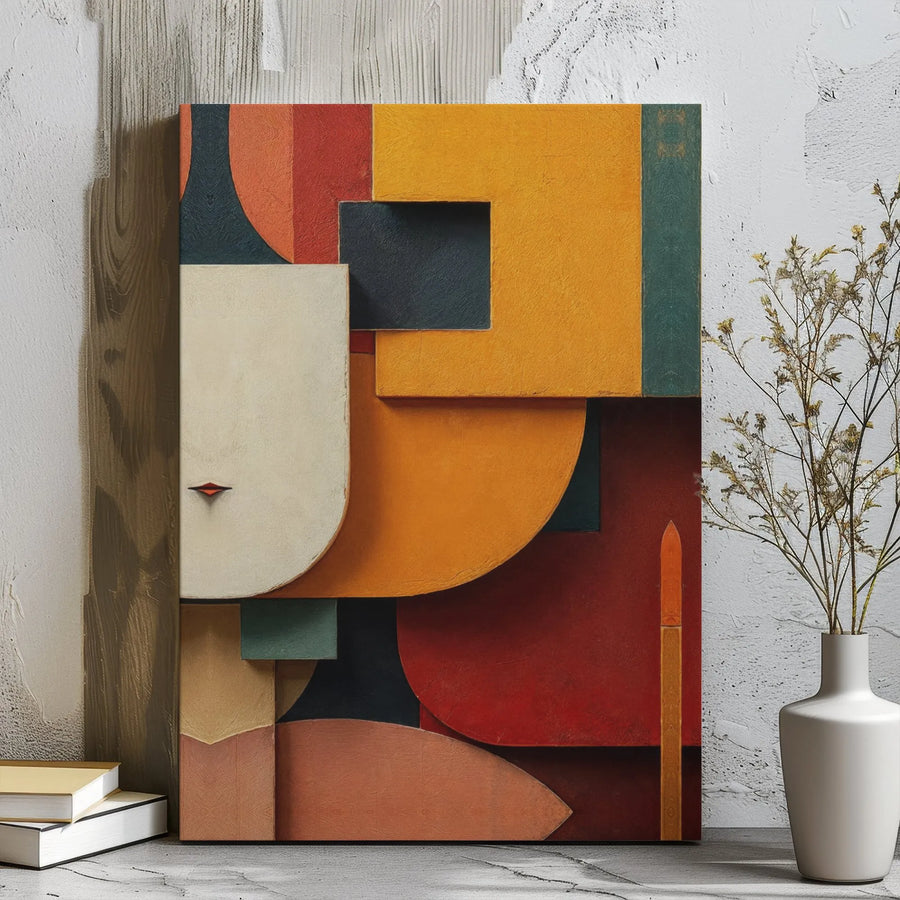 Abstract Geometric Face Wall Art | Mid-Century Modern Minimalist Print | Premium Gallery Wrapped Canvas | Earthy Tones Home Decor for Living Room