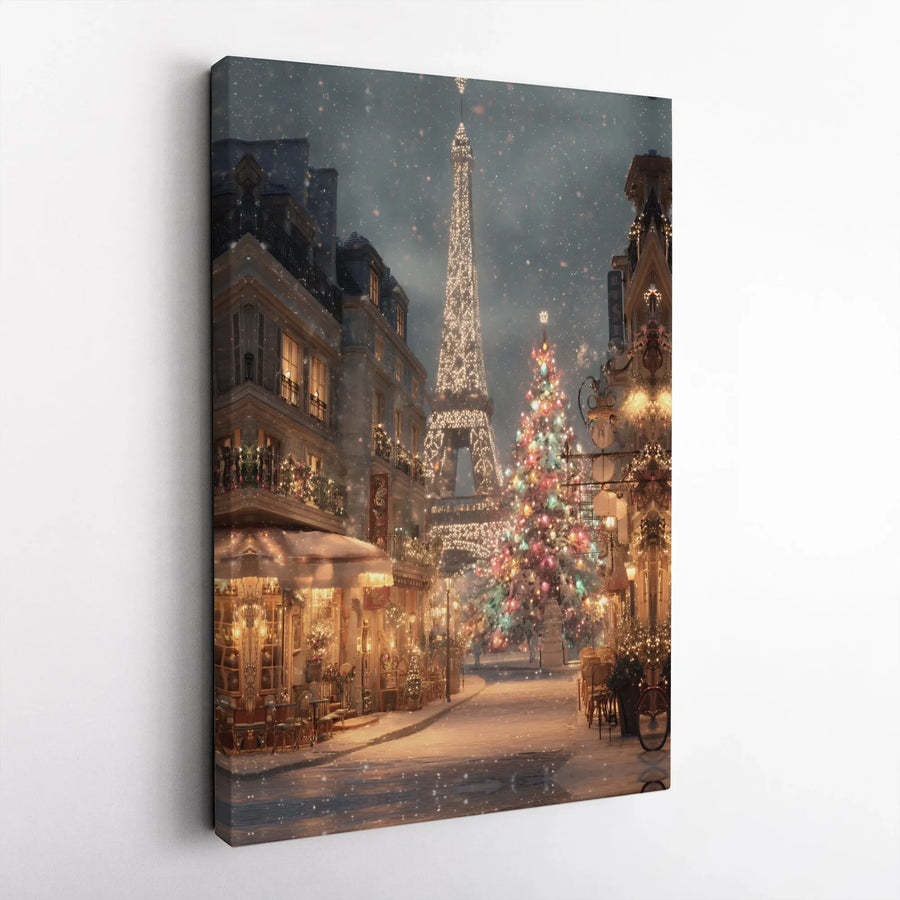 Paris Christmas Canvas Wall Art | Eiffel Tower Winter Snow Scene | Premium Gallery Wrap Print | Festive Holiday Home Decor Gift