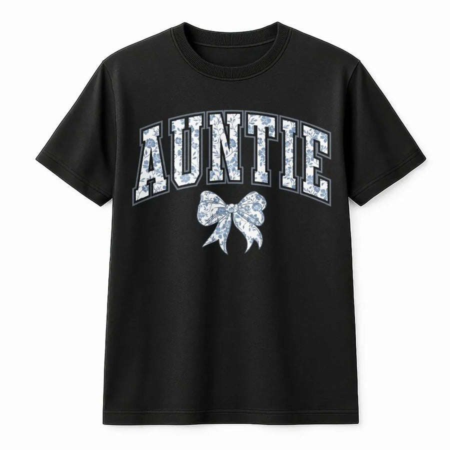Auntie T-Shirt | Floral Bow Varsity Graphic Design | 100% Cotton Premium Tee | New Aunt Gift Pregnancy Announcement Idea