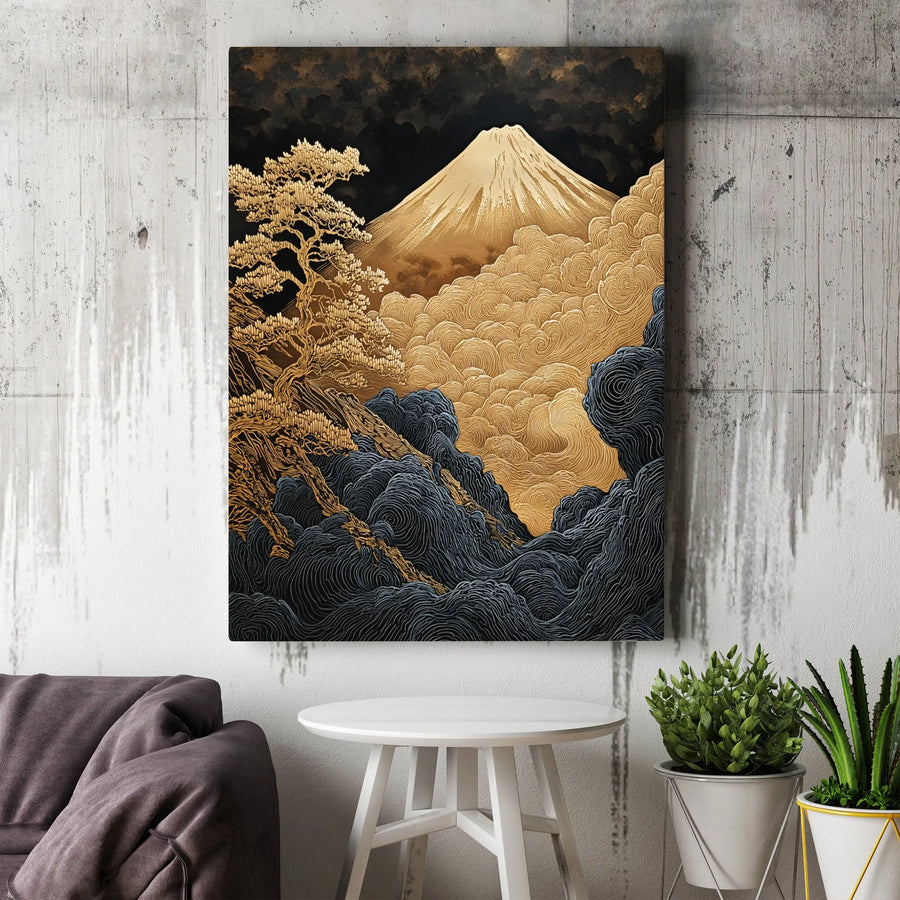 Japanese Mountain Wall Art | Golden Mount Fuji & Pine Tree Print | 1.25” Premium Gallery Canvas | Zen Home Office Decor