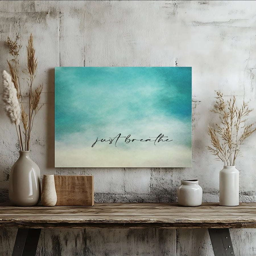 Just Breathe Canvas Wall Art | Minimalist Teal Watercolor Print | Premium Gallery Canvas | Yoga Studio Decor & Mindfulness Gift