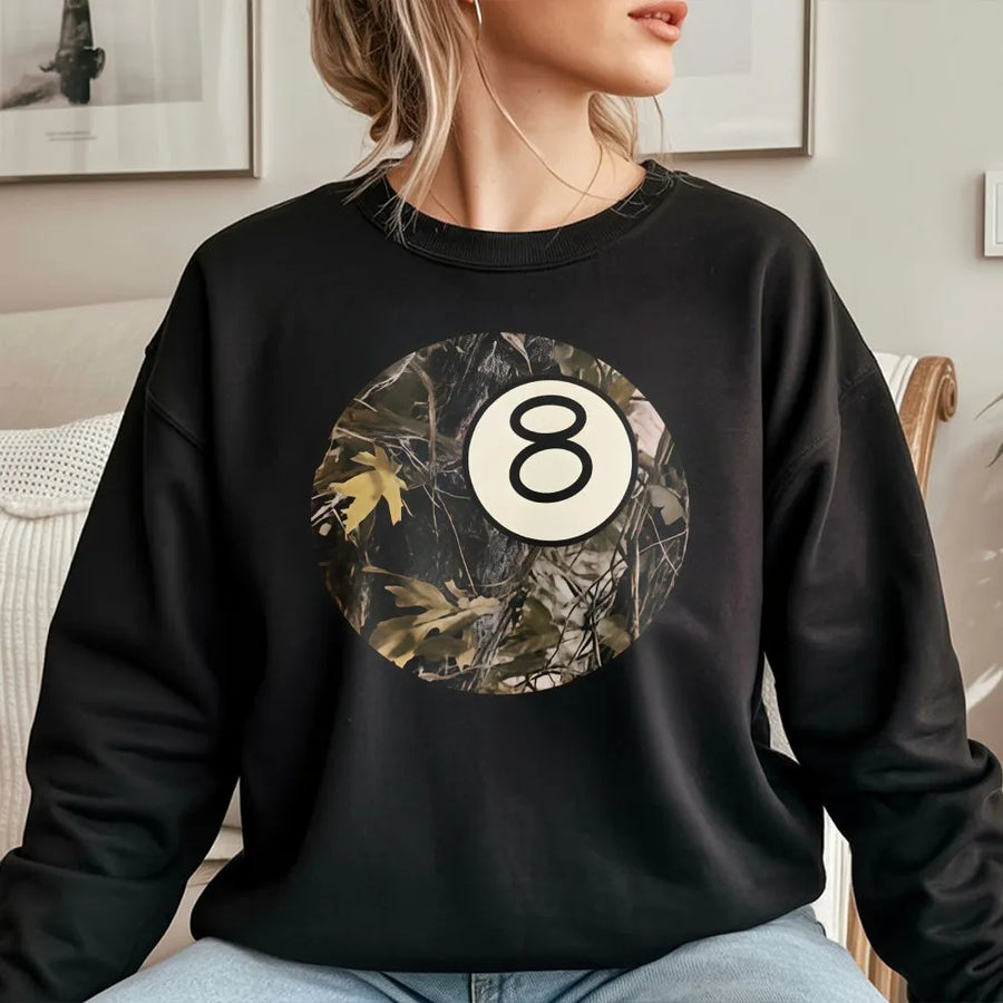 8 Ball Camo Sweatshirt | Vintage Billiards Graphic Pullover | Cotton Blend Premium Crewneck | Trendy Streetwear Gift for Men and Women