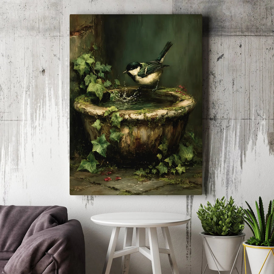 Vintage Bird Painting Vertical Canvas | Dark Academia Bird Bath Art | Premium Gallery Wrapped Print | Nature Lover Home Decor Gift