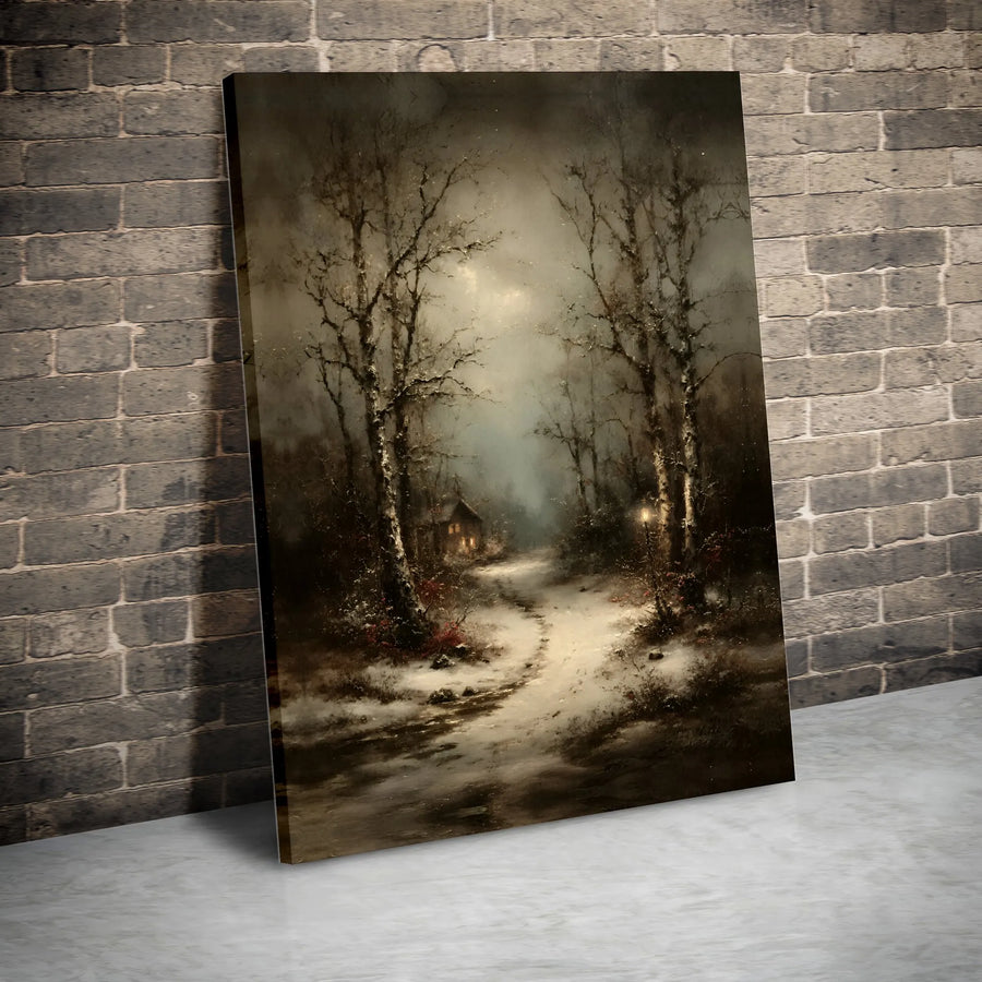Winter Forest Canvas Wall Art | Snowy Cabin Path Night Landscape | Premium 1.25-Inch Gallery Wrap | Cozy Home Decor Christmas Gift