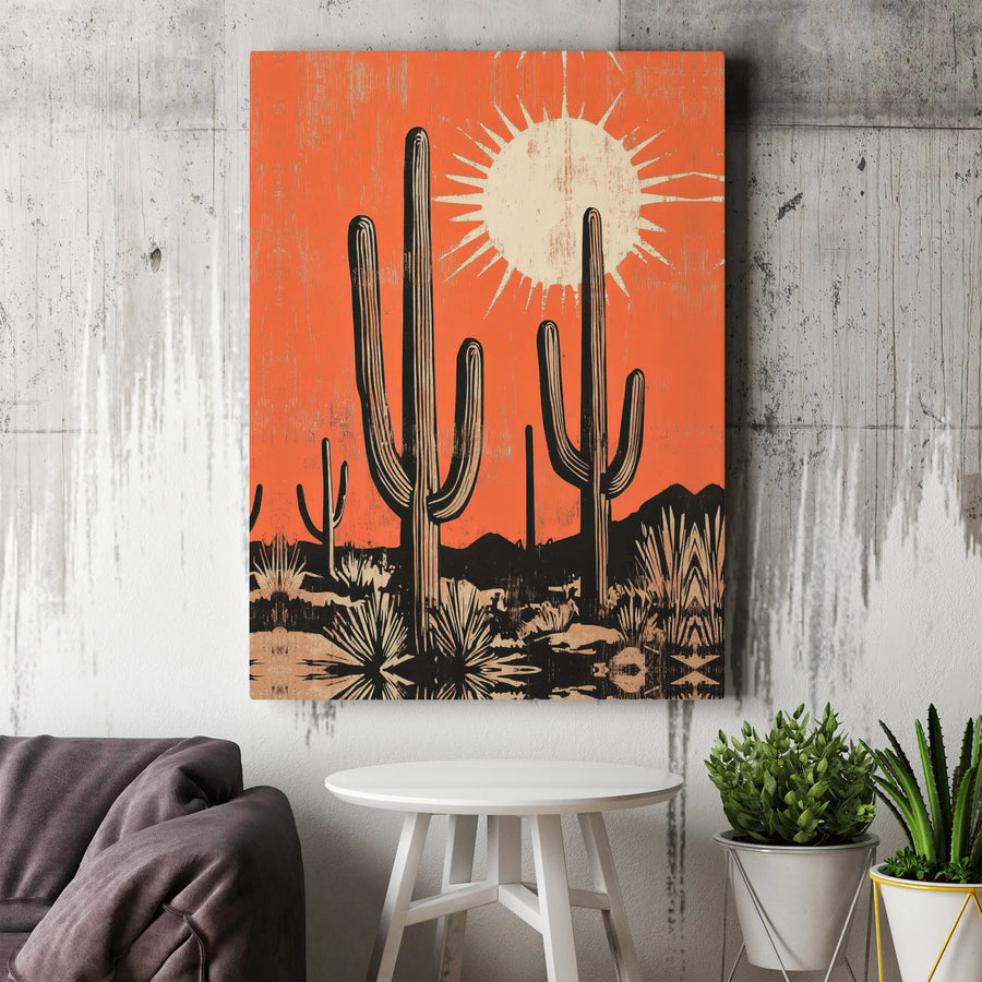 Desert Saguaro Cactus Canvas Art | Rustic Mid-Century Modern Sun Print | 1.25 Inch Gallery Wrap | Southwestern Home Decor Gift