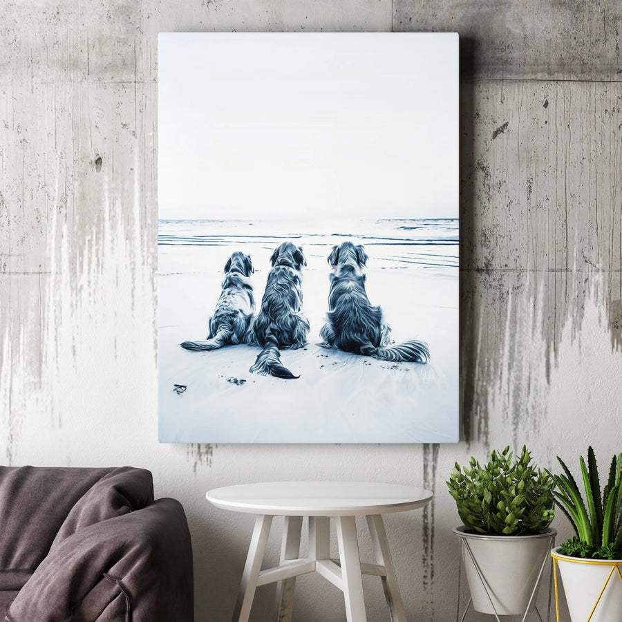 Three Dogs On Beach Canvas Wall Art | Serene Coastal Painting | Premium Gallery Wrap Print | Thoughtful Gift For Dog Lovers & Pet Owners