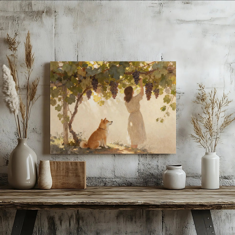 Shiba Inu Vineyard Canvas Art | Watercolor Painting of Woman Harvesting Grapes | Premium Gallery Wrapped Print | Rustic Farmhouse Decor Gift