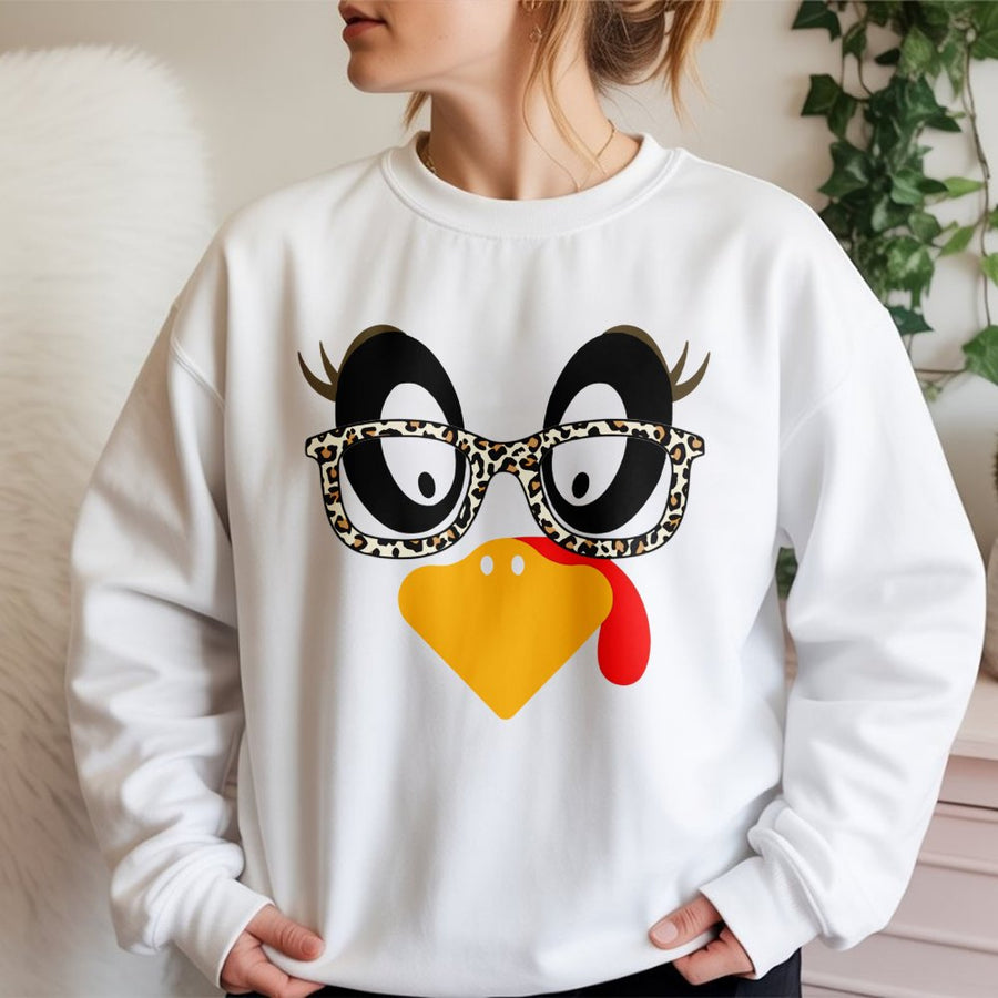 Turkey Face Thanksgiving Sweatshirt | Leopard Print Glasses Graphic | Soft Cotton Blend Crewneck | Cute Fall Gift for Women and Families