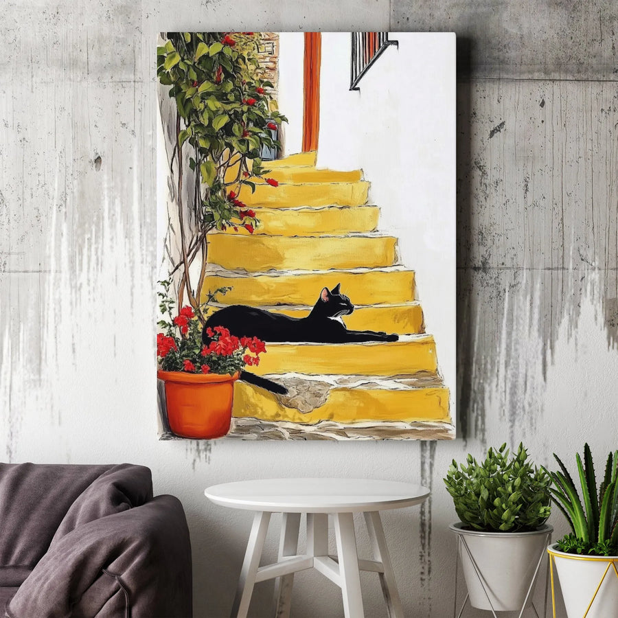 Black Cat Wall Art | Mediterranean Yellow Stairs & Red Flowers | Premium Gallery Wrapped Canvas | Whimsical Pet Lover Gift