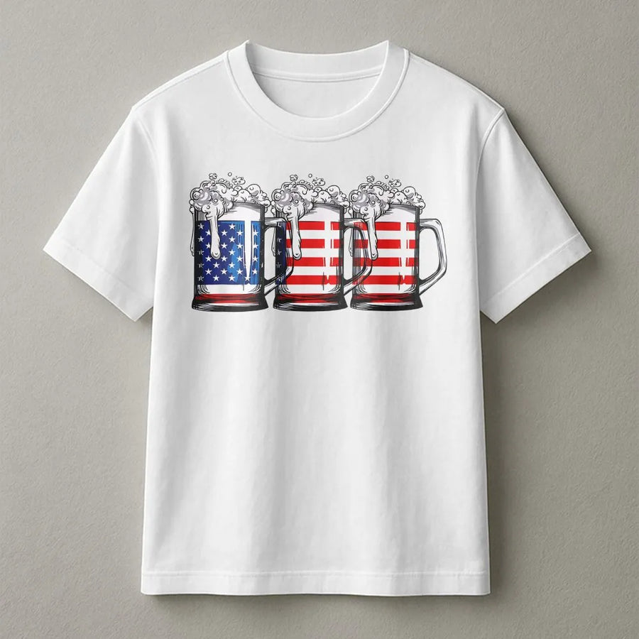 Beer American Flag T-Shirt | Patriotic Graphic Drinking Design | Soft 100% Cotton Premium Tee | Fourth of July BBQ Party Apparel