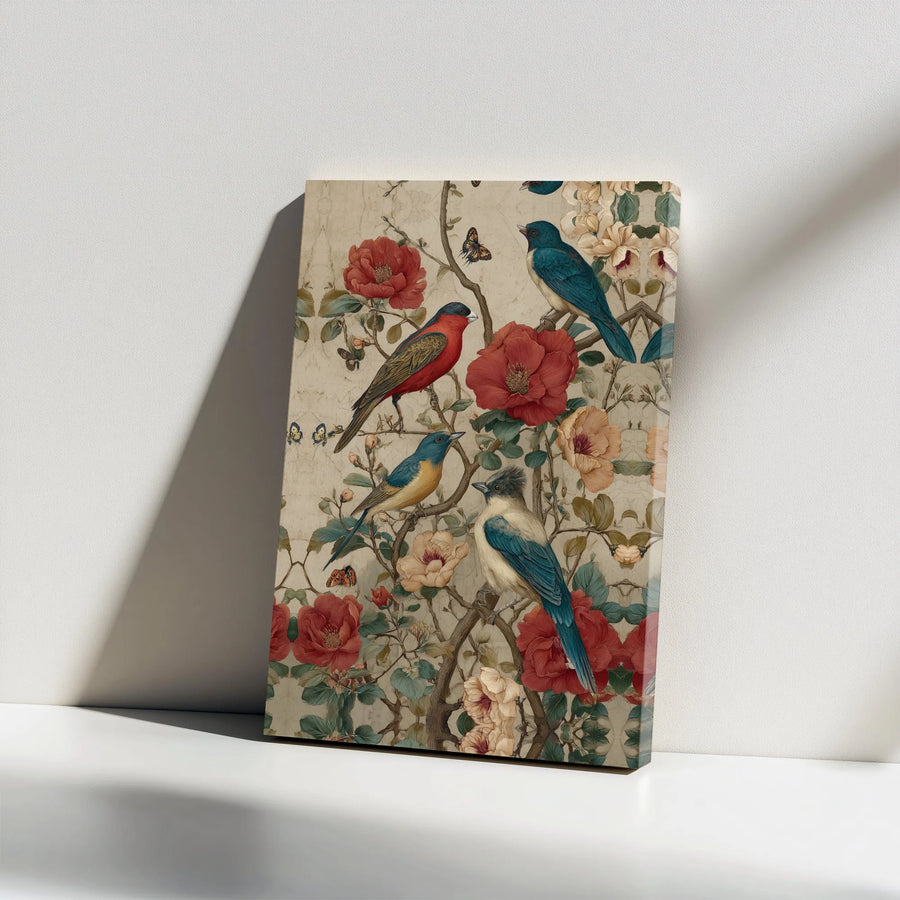 Vintage Bird and Flower Canvas Print | Chinoiserie Style Botanical Illustration | Premium Gallery Wrapped Art | Living Room Decor Gift