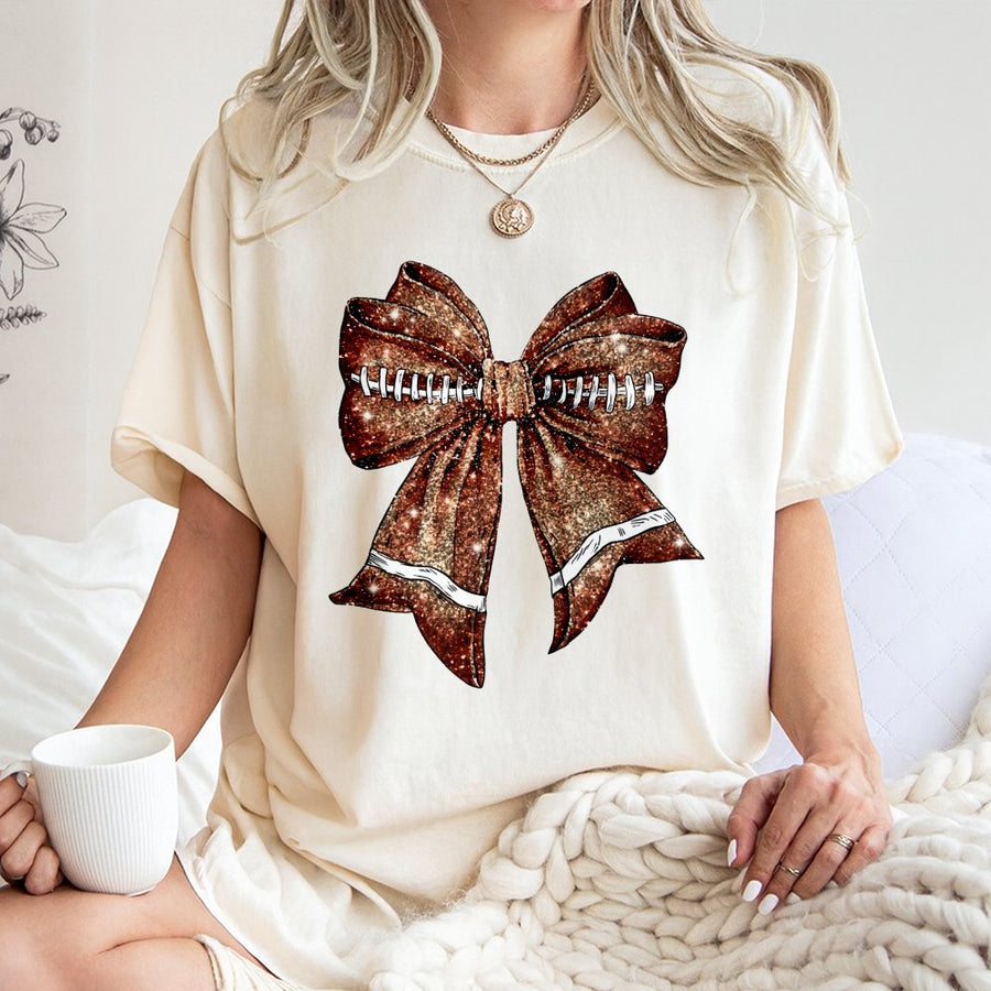 Football Bow T-Shirt | Glitter Coquette Aesthetic Graphic | 100% Cotton Premium Tee | Football Mom Game Day Outfit Gift