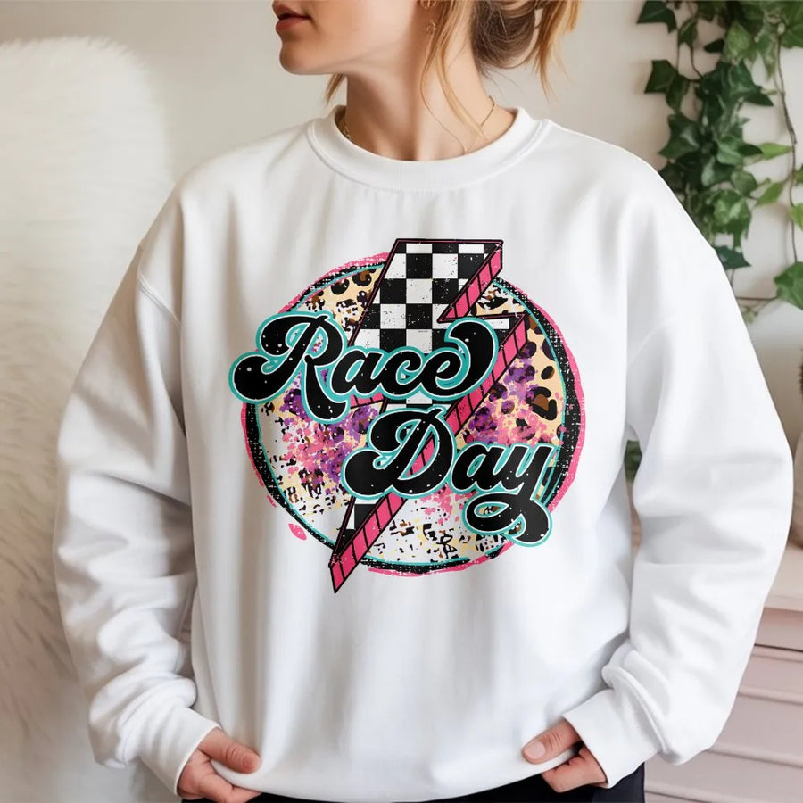 Race Day Sweatshirt | Retro Leopard Print & Checkered Lightning Graphic | Soft 100% Cotton Tee | Motorsport Fan Gift for Women