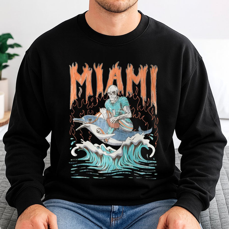 Miami Flaming Text Skeleton Football Player Riding A Dolphin Sweatshirt