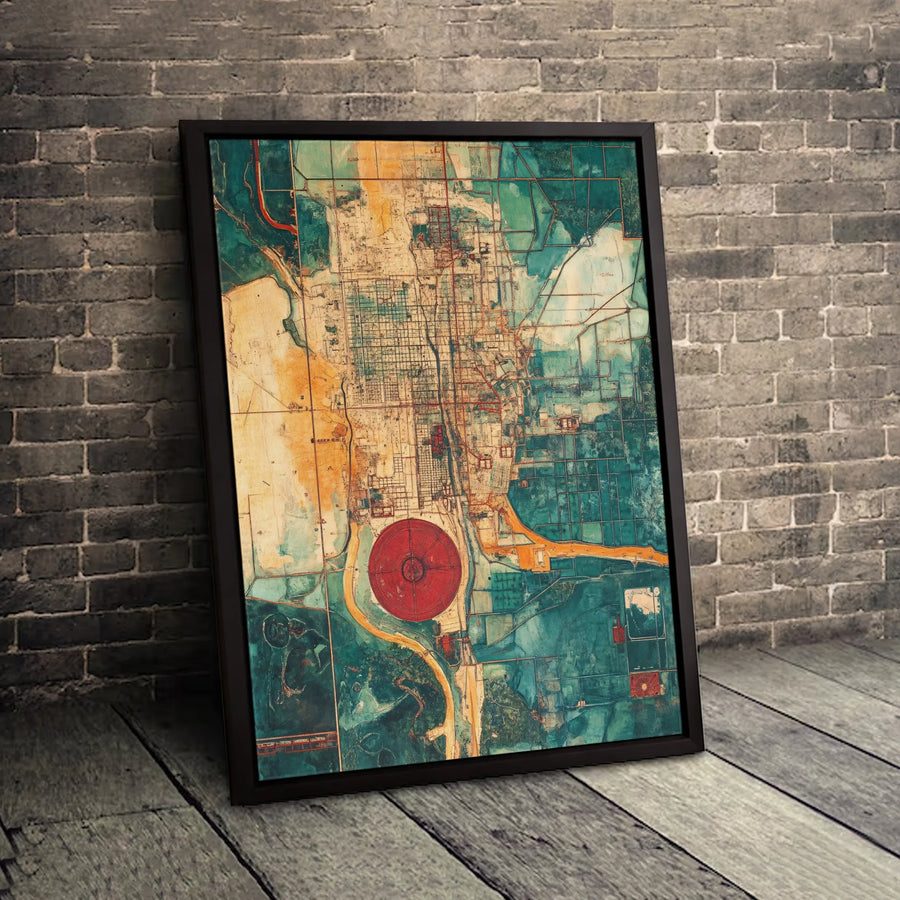 Abstract City Map Canvas Wall Art | Vibrant Teal and Orange Urban Grid Design | Premium 1.25 Inch Thick Gallery Wrap | Modern Home Office Decor Gift