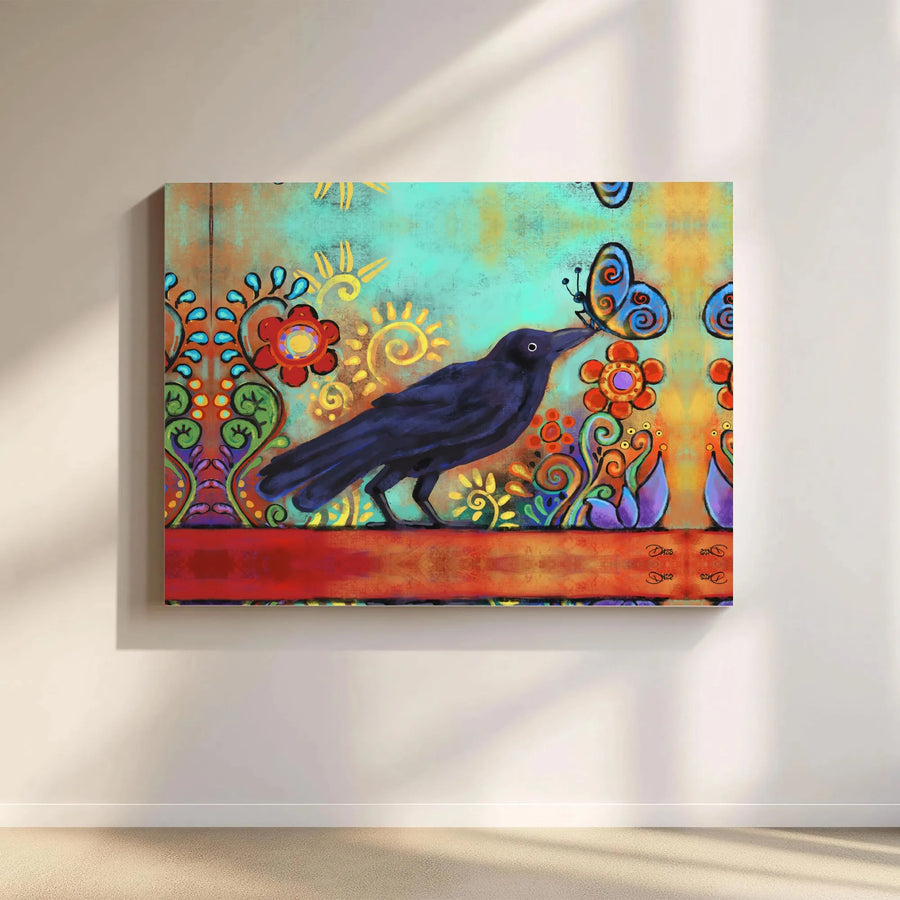 Folk Art Crow Canvas Wall Art | Colorful Butterfly Floral Illustration | Premium Fade-Resistant Print | Bohemian Home Decor Gift