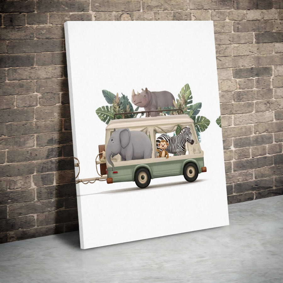 Safari Animals Canvas Wall Art | Whimsical Jungle Jeep Adventure Print | Premium Gallery Wrapped Canvas | Nursery & Kids Room Decor Gift