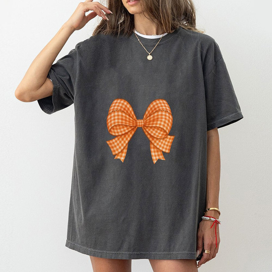 Orange Gingham Bow T-Shirt | Aesthetic Coquette Autumn Tee | Premium 100% Cotton | Fall Harvest Gift for Women