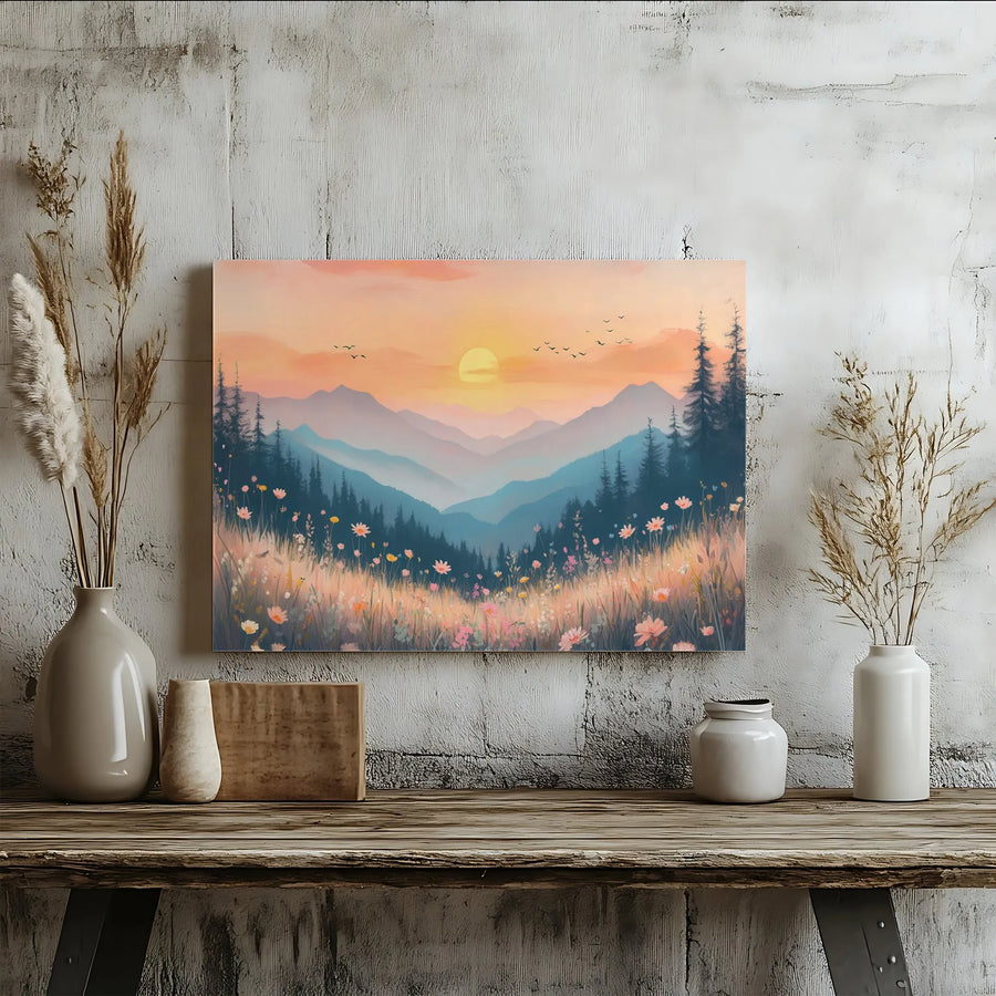 Mountain Wildflower Canvas Wall Art | Watercolor Sunrise Landscape Painting | Premium Fade-Resistant Print | Boho Home Decor Gift
