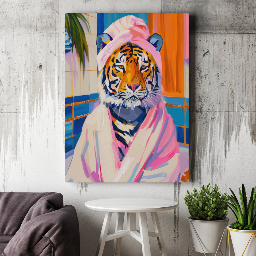 Tiger In Bathrobe Canvas Wall Art | Colorful Bathroom Animal Portrait | Premium Gallery Wrap Print | Whimsical Home Decor Gift