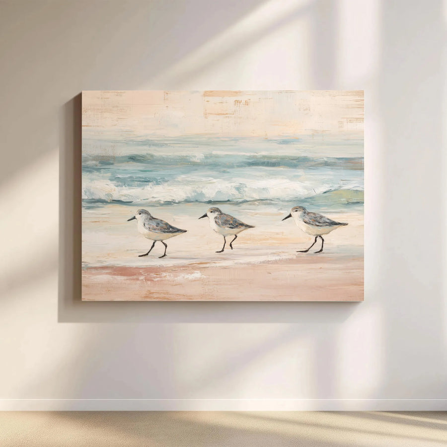 Coastal Bird Wall Art | Three Sandpipers Shoreline Painting | Premium Gallery Wrap Canvas | Beach House Decor For Living Room